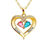 Kiddo Sky Personalized Heart Name Necklace with Birthstones with Elegant Gift Box Custom Promise Necklace Heart Pendant with Engraved Names Jewelry Gifts for Mom Grandma Women Wife