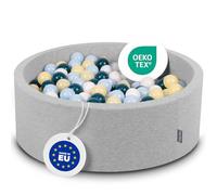 KiddyMoon 90X30cm/300 Balls ∅ 7Cm / 2.75In Baby Foam Ball Pit Made In EU, Light Grey:Dark Turquoise/Pastel Blue/Pastel Yellow/White