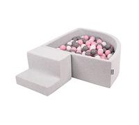 KiddyMoon Foam Playground For Kids With Quarter Angular Ballpit (200 Balls) Obstacle Course, Lightgrey:White/Grey/Powderpink