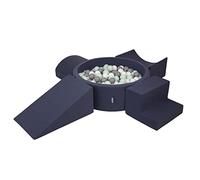 KiddyMoon Foam Playground For Kids With Round Ballpit (200 Balls ∅ 7Cm/2.75In) Soft Obstacles Course And Ball Pool, Made In The EU, Darkblue:White/Grey/Mint