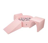 KiddyMoon Foam Playground For Kids With Round Ballpit (200 Balls ∅ 7Cm/2.75In) Soft Obstacles Course And Ball Pool, Pink:Pearl/Grey/Transparent/Powder Pink