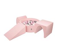 KiddyMoon Foam Playground For Kids With Round Ballpit (200 Balls ∅ 7Cm/2.75In) Soft Obstacles Course And Ball Pool, Pink:White/Grey/Powder Pink