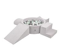 KiddyMoon Foam Playground For Kids With Round Ballpit (200 Balls ∅ 7Cm/2.75In) Soft Obstacles Course And Ball Pool, Made In The EU, Lightgrey:White/Grey/Mint