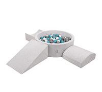 KiddyMoon Foam Playground For Kids With Round Ballpit (200 Balls) Obstacle Course, Lightgrey:Grey/White/Turquoise