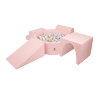 KiddyMoon Foam Playground For Kids With Round Ballpit (300 Balls ∅ 7Cm/2.75In) Soft Obstacles Course And Ball Pool, Made In EU, Pink:Pastel Blue/Pastel Yellow/White/Mint/Light Pink