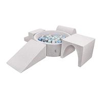 KiddyMoon Foam Playground For Kids With Round Ballpit (300 Balls) Obstacle Course, Lightgrey:Pearl/Grey/Transparent/Babyblue/Mint