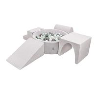 KiddyMoon Foam Playground For Kids With Round Ballpit (300 Balls) Obstacle Course, Lightgrey:White/Grey/Mint