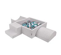 KiddyMoon Foam Playground For Kids With Square Ballpit (200 Balls ∅ 7Cm/2.75In) Soft Obstacles Course And Ball Pool, Made In The EU, Lightgrey:Grey/White/Turquoise