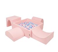 KiddyMoon Foam Playground For Kids With Square Ballpit (200 Balls ∅ 7Cm/2.75In) Soft Obstacles Course And Ball Pool, Made In The EU, Pink:Babyblue/Powder Pink/Pearl