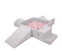 KiddyMoon Foam Playground For Kids With Square Ballpit (200 Balls ∅ 7Cm/2.75In) Soft Obstacles Course And Ball Pool Made In EU, Lightgrey:Powderpink/Pearl/Transparent