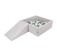 KiddyMoon Foam Playground For Kids With Square Ballpit (200 Balls ∅ 7Cm/2.75In) Soft Obstacles Course And Ball Pool, Made In The EU, Lightgrey:White/Grey/Mint