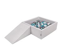 KiddyMoon Foam Playground For Kids With Square Ballpit (200 Balls ∅ 7Cm/2.75In) Soft Obstacles Course And Ball Pool, Made In The EU, Lightgrey:Grey/White/Turquoise