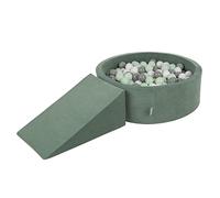 KiddyMoon Foam Playground Velvet For Kids With Round Ballpit (100 Balls ∅ 7Cm/2.75In) Soft Obstacles Course And Ball Pool, Forest Green:White/Grey/Mint