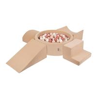 KiddyMoon Foam Playground Velvet For Kids With Round Ballpit (300 Balls ∅ 7Cm/2.75In) Soft Obstacles Course And Ball Pool, Sand Beige: Pastel Beige/Salmon/White