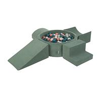 KiddyMoon Foam Playground Velvet For Kids With Round Ballpit (300 Balls ∅ 7Cm/2.75In) Soft Obstacles Course And Ball Pool, Made In EU, Forest Green:Dark Turquoise/Pastel Beige/Greygreen/Salmon Pink