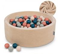KiddyMoon Soft Ball Pit Round 90X30cm/200 Balls ∅ 7Cm/2.75In For Kids, Foam Velvet Ball Pool Baby Playballs, Sand Beige:Dark Turquoise/Pastel Beige/Greengrey/Salmon Pink