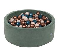KiddyMoon Soft Ball Pit Round 90X30cm/200 Balls ∅ 7Cm / 2.75In For Kids, Foam Velvet Ball Pool Baby Playballs, Made In EU, Forest Green:Dark Turquoise/Pastel Beige/Copper
