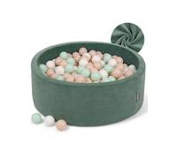 KiddyMoon Soft Ball Pit Round 90X30cm/200 Balls ∅ 7Cm / 2.75In For Kids, Foam Velvet Ball Pool Baby Playballs, Made In EU, Forest Green:Pastel Beige/White/Mint