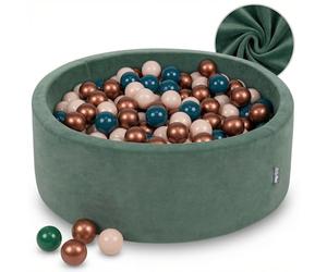 KiddyMoon Soft Ball Pit Round 90X30cm/200 Balls ∅ 7Cm / 2.75In For Kids, Foam Velvet Ball Pool Baby Playballs, Made In EU, Forest Green:Dark Turquoise/Pastel Beige/Copper