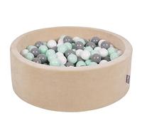 KiddyMoon Soft Ball Pit Round 90X30cm/300 Balls ∅ 7Cm/2.75In For Kids, Foam Velvet Ball Pool Baby Playballs, Sand Beige:White/Grey/Mint