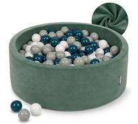 KiddyMoon Soft Ball Pit Round 90X30cm/300 Balls ∅ 7Cm / 2.75In For Kids, Foam Velvet Ball Pool Baby Playballs, Made In EU, Forest Green:Dark Turquoise/Green-Grey/White