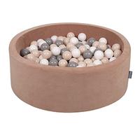 KiddyMoon Soft Ball Pit Round 90X30cm/300 Balls ∅ 7Cm / 2.75In For Kids, Foam Velvet Ball Pool Baby Playballs, Made In EU, Desert Pink:Pastel Beige/Grey/White
