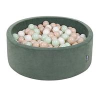 KiddyMoon Soft Ball Pit Round 90X30cm/300 Balls ∅ 7Cm / 2.75In For Kids, Foam Velvet Ball Pool Baby Playballs, Made In EU, Forest Green:Pastel Beige/White/Mint