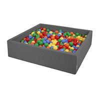 KiddyMoon Soft Ball Pit Square 120X30cm/200 Balls ∅ 7Cm / 2.75In For Kids, Foam Ball Pool Baby Playballs Children, Made In EU, Dark Grey:Yellow-Green-Blue-Red-Orange
