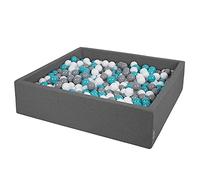 KiddyMoon Soft Ball Pit Square 120X30cm/200 Balls ∅ 7Cm / 2.75In For Kids, Foam Ball Pool Baby Playballs Children, Made In EU, Dark Grey:Grey-White-Turquoise