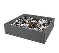 KiddyMoon Soft Ball Pit Square 120X30cm/200 Balls ∅ 7Cm / 2.75In For Kids, Foam Ball Pool Baby Playballs Children, Made In EU, Dark Grey:White-Grey-Black-Gold