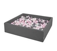 KiddyMoon Soft Ball Pit Square 120X30cm/300 Balls ∅ 7Cm / 2.75In For Kids, Foam Ball Pool Baby Playballs Children, Made In EU, Dark Grey:Pearl-Powder Pink-Silver