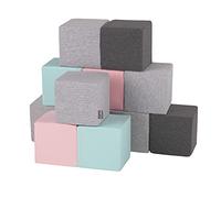 KiddyMoon Soft Foam Building Blocks For Babies & Toddlers, Washable Cotton Zip Cover, 14Cm Cubes, Sensory Toy, 12 Pieces, Cubes:Light Grey-Dark Grey-Pink-Mint