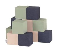 KiddyMoon Soft Foam Building Blocks For Babies & Toddlers, Washable Cotton Zip Cover, 14Cm Cubes, Sensory Toy, 12 Pieces, Cubes: Dark Blue-Beige-Sage