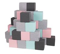 KiddyMoon Soft Foam Building Blocks For Babies & Toddlers, Washable Cotton Zip Cover, 14Cm Cubes, Sensory Toy, 48 Pieces, Cubes:Light Grey-Dark Grey-Pink-Mint
