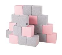 KiddyMoon Soft Foam Building Blocks For Babies & Toddlers, Washable Cotton Zip Cover, 14Cm Cubes, Sensory Toy, 24 Pieces, Cubes:Light Grey-Pink