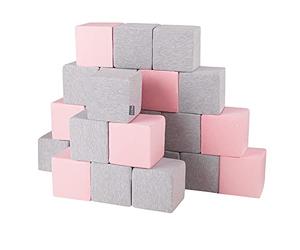 KiddyMoon Soft Foam Building Blocks For Babies & Toddlers, Washable Cotton Zip Cover, 14Cm Cubes, Sensory Toy, 24 Pieces, Cubes:Light Grey-Pink