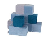 KiddyMoon Soft Foam Building Blocks For Babies & Toddlers, Washable Velvet Zip Cover, 14Cm Cubes, Sensory Toy, 12 Pieces, Cubes:Lagoon Turquoise-Ice Blue-Grey Mountains