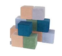 KiddyMoon Soft Foam Velvet Cubes Building Blocks 14Cm For Children Montessori Toy For Babies, Certified Made In EU, 12 Pieces, Cubes:Lagoon Turquoise-Forest Green-Desert Pink-Ice Blue-Grey Mountains