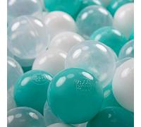 KiddyMoon Soft Plastic Play Balls 100 Balls/7Cm-2.75In Multi-Colour Made In EU, Light Turquoise/White/Transparent