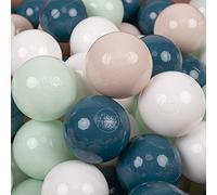 KiddyMoon Soft Plastic Play Balls 300 Balls/7Cm-2.75In Multi-Colour Made In EU, Dark Turquoise/Pastel Beige/White/Mint