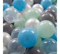 KiddyMoon Soft Plastic Play Balls 300 Balls/7Cm-2.75In Multi-Colour Made In EU, Pearl/Grey/Transparent/Baby Blue/Mint