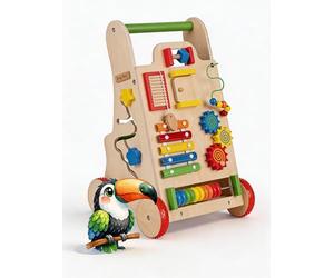 KiddyMoon Wooden Baby Walker Interactive Educational Toy for Children Multifunctional Push-Along Toy for Babies Montessori Walker for Kids Model WK-002, Multicolored