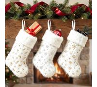 Kideerly 3 Pack Christmas Stocking Large,18 Inch White Plush Faux Fur Christmas Stockings with Snowflake, Rudolph, Hanging Xmas Stockings, for Family Holiday Xmas Personalized Party Decorations