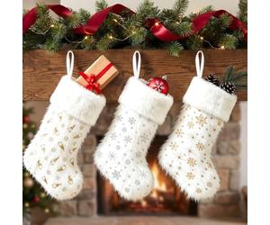 Kideerly 3 Pack Christmas Stocking Large,18 Inch White Plush Faux Fur Christmas Stockings with Snowflake, Rudolph, Hanging Xmas Stockings, for Family Holiday Xmas Personalized Party Decorations