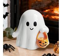 KIDHABE Halloween Ghost Figurine with Pumpkin Bucket, Resin Polished Cute Ghost Statue, Small Tabletop Halloween Ghost Decor for Home, Office, Tiered Tray, Fall Spooky Party Ornament