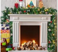 Kidken 2.7M/9FT Christmas Garland with Lights for Fireplaces Stairs Garland Decorations Green Artificial Christmas Wreath with 50 LEDs and Baubles for Xmas Tree Holiday Garden Yard Decor