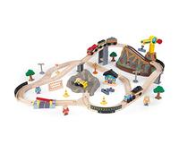 KidKraft Bucket Top Construction Wooden Train Set with Storage Box for Kids, Train Track Set with Wooden Toy Cars with Crane and Accessories Included, Construction Toys, 17805