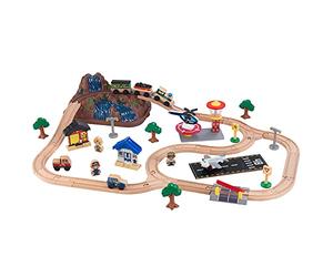 KidKraft Bucket Top Mountain Airport Wooden Train Set with Storage Box, Train Track Set with Wooden Toy Cars, Helicopter, Airplane and Accessories Included, Kids’ Toys, 17826