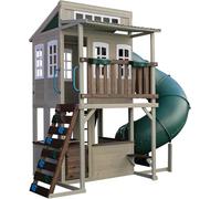 KidKraft Cozy Escape Outdoor Play Tower, Tube Slide, Wooden Climbing Frame | Two-storey garden play house with 3.6m turbo tube slide, rock wall, play kitchen and deck, made from cedar wood - Navy Blue