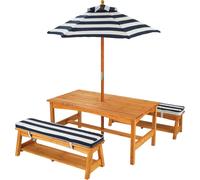 KidKraft Wooden Garden Table and Bench set for Kids with Cushions and Parasol, Outdoor Garden Furniture For Children, Navy and White Stripes, 00106